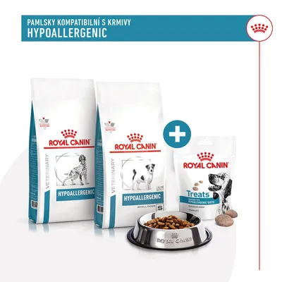 Royal Canin Veterinary Hypoallergenic krmivo pro psy, dvě balení, pamlsky Royal Canin Treats Hypoallergenic Diets, miska s granulemi. Text: Pamlsky kompatibilní s krmivy HYPOALLERGENIC.