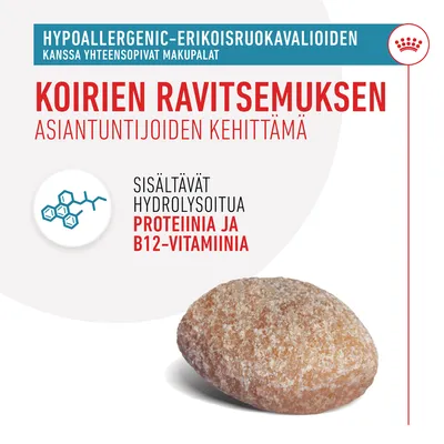 Koirien ravitsemuksen asiantuntijoiden kehittämä. Sisältävät hydrolysoitua proteiinia ja B12-vitamiinia. Hypoallergenic-erikoisruokavalioiden kanssa yhteensopivat makupalat.