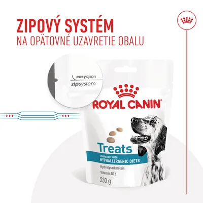 ROYAL CANIN Treats, 230 g, zipový systém na opätovné uzavretie obalu, easyopen zipsystem, kompatibilné s hypoalergénnymi diétami, hydrolyzovaný proteín, vitamín B12.
