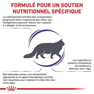 Formulé pour un soutien nutritionnel spécifique. Vieillissement des chats : adaptation réduite, système immunitaire diminué, alimentation et énergie contrôlées essentielles au bien-être.