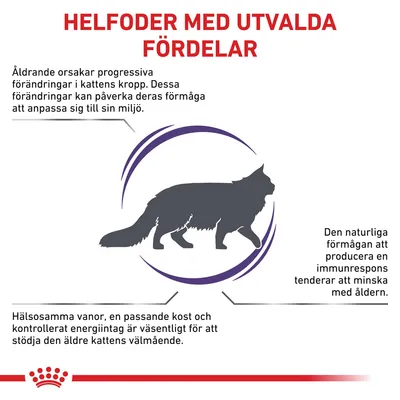 Helfoder med utvalda fördelar. Åldrande orsakar förändringar i kattens kropp och immunförsvar. Hälsosamma vanor, rätt kost och energikontroll är viktiga för äldre katters välmående.