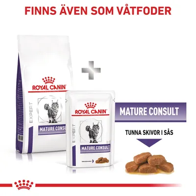 Royal Canin Expert Mature Consult torr- och våtfoder för katt. Text: 'FINNS ÄVEN SOM VÅTFODER', 'MATURE CONSULT', 'TUNNA SKIVOR I SÅS'. Bild på foderbitar i sås.