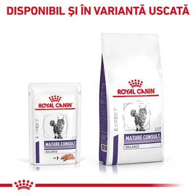 Royal Canin Expert Mature Consult Balance pentru pisici, plic și sac. Text vizibil: Disponibil și în variantă uscată.