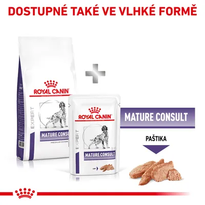 ROYAL CANIN EXPERT MATURE CONSULT pro střední psy, balení suchého a vlhkého krmiva. Text: DOSTUPNÉ TAKÉ VE VLHKÉ FORMĚ, MATURE CONSULT, PAŠTIKA.