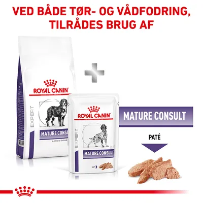 Royal Canin Expert Mature Consult tør- og vådfoder til hund, tekst: Ved både tør- og vådfodring, tilrådes brug af. Paté vises ved siden af vådfoderposen.