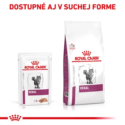 ROYAL CANIN VETERINARY RENAL krmivo pre mačky, mokrá a suchá forma, dostupné aj v suchej forme. Na obale obrázok mačky.