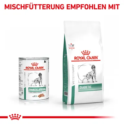 Royal Canin Diabetic Special Nassfutter und Royal Canin Diabetic Trockenfutter. Mischfütterung empfohlen laut Bildtext.