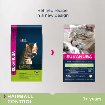 To poser Eukanuba Hairball Control kattefoder, før og efter designændring. Tekst: Refined recipe in a new design, 91 %, 90 %, Adult 1+ years, 2 kg, HAIRBALL CONTROL, EUKANUBA.