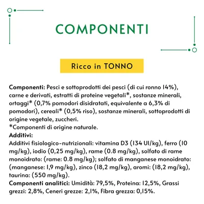 Componenti: pesci e sottoprodotti dei pesci (di cui tonno 14%), carne, estratti di proteine vegetali, ortaggi, cereali, zuccheri. Umidità 79,5%, proteina 12,5%, grassi 2,8%.