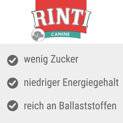 RINTI CANINE. wenig Zucker, niedriger Energiegehalt, reich an Ballaststoffen (texte en allemand).