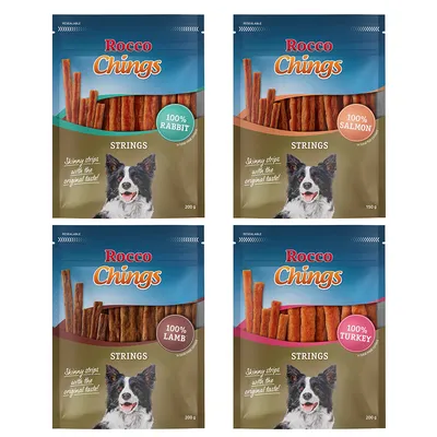 Rocco Chings Strings u četiri vrste: 100% rabbit, 100% salmon, 100% lamb i 100% turkey. Pakiranja: 150g i 200g.