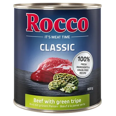 Rocco Classic wołowina z zielonym żwaczem, puszka 800g. 100% świeżych składników i receptura bez zbóż.