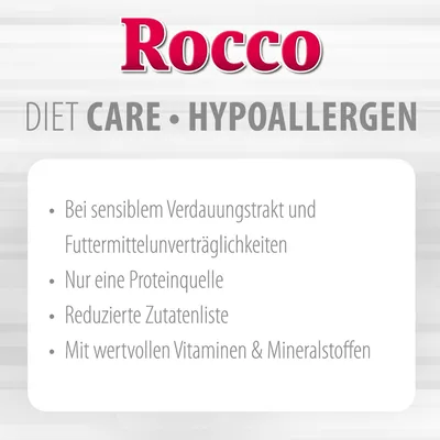 Rocco DIET CARE HYPOALLERGEN. Teksti saksaksi: Bei sensiblem Verdauungstrakt und Futtermittelunverträglichkeiten, Nur eine Proteinquelle, Reduzierte Zutatenliste, Mit wertvollen Vitaminen & Mineralstoffen.