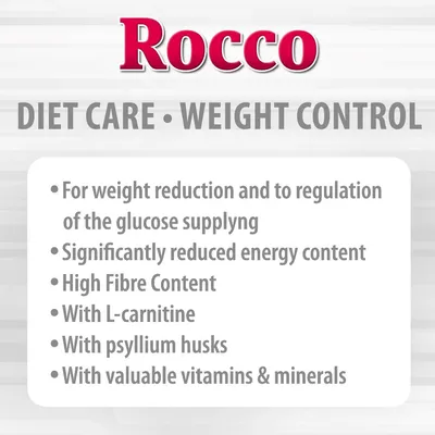 Rocco Diet Care Weight Control. For weight reduction and regulation of glucose supplying, reduced energy content, high fibre, with L-carnitine, psyllium husks, vitamins and minerals.