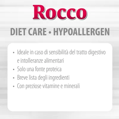 Rocco DIET CARE HYPOALLERGEN. Ideale in caso di sensibilità del tratto digestivo e intolleranze alimentari, solo una fonte proteica, breve lista ingredienti, con vitamine e minerali.