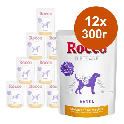 Rocco Diet Care Renal, 12 x 300 г паучове. Видимо: Low in protein, Chicken with sweet potato. Опаковка с лилава и оранжева графика на куче.