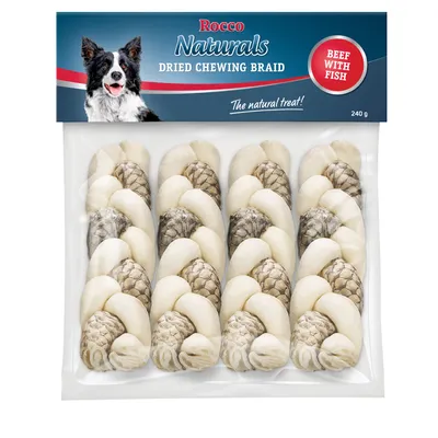 Rocco Naturals Dried Chewing Braid, Beef with Fish, 240 g. Paquete con trenzas masticables visibles en el interior. Texto en inglés en el envase.