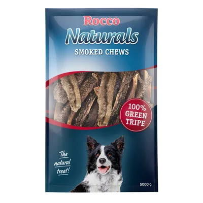 Rocco Naturals Smoked Chews, 100% Green Tripe, 5000 g pack. Visible text: The natural treat! Image of chews and a black and white dog on the packaging.