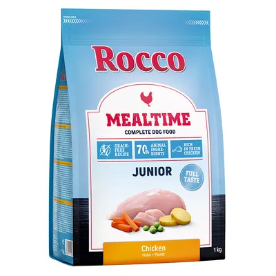 Rocco Mealtime Junior csirke, gabonamentes receptúra, 70% állati összetevő, friss csirkében gazdag, teljes értékű kutyaeledel, 1 kg csomag.