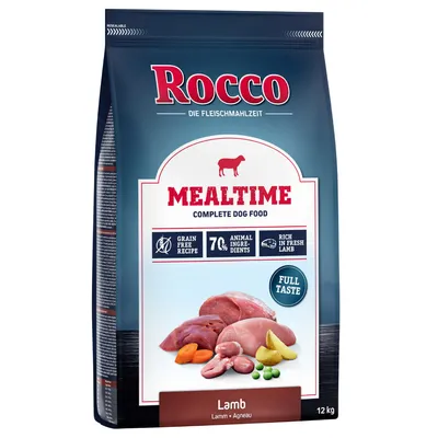 Rocco Mealtime Complete Dog Food Lamb, recette sans céréales, 70 % ingrédients animaux, riche en agneau frais, sac de 12 kg. Texte en anglais et allemand.