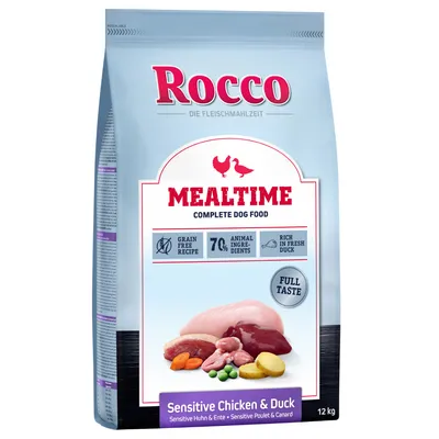Сухой корм для собак Rocco Mealtime Sensitive Chicken & Duck, 12 кг. 70% ингредиентов животного происхождения, без зерна, с изображением курицы, утки и овощей на упаковке.