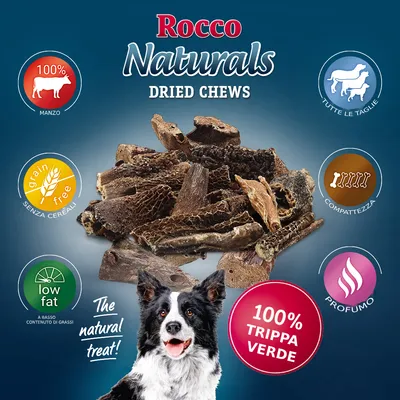 Rocco Naturals Dried Chews, 100% trippa verde, manzo, senza cereali, a basso contenuto di grassi, per tutte le taglie, compattezza, profumo. Testo in inglese e italiano visibile.