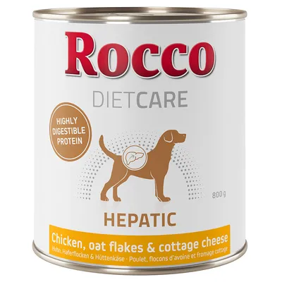 Rocco Diet Care Hepatic, 800g can. Chicken, oats and cottage cheese. Highly digestible protein for dogs with liver problems.