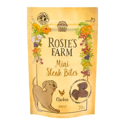 Pachet Rosie's Farm Mini Steak Bites, Chicken, Adult, 70g. Inscripții vizibile: Grain Free Recipe, reselable. Imagine cu câine și bucăți de snack pe ambalaj.