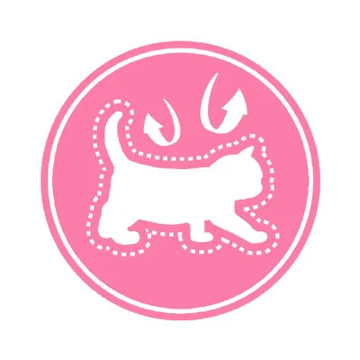 Pictogramme rose d’un chat avec des flèches et pointillés autour du corps, sans texte ni marque visible. Illustration générique liée au chat.
