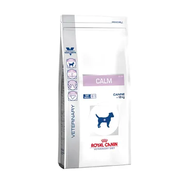 Royal Canin Veterinary Diet Calm, CANINE ≤15 kg, SO INDEX, slika psa na embalaži. Besedilo: VETERINARY EXCLUSIVE.