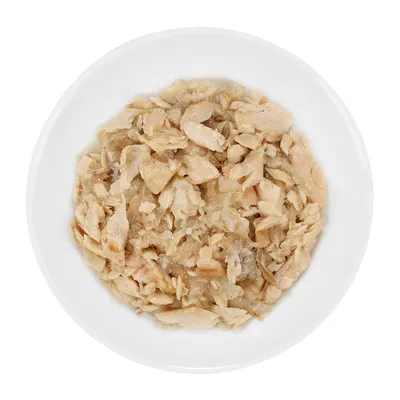 Assiette blanche contenant de la nourriture humide en morceaux, aspect effiloché, sans marque ni texte visible.