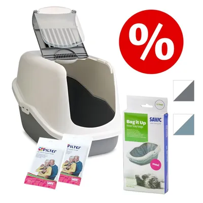 Maison de toilette pour chat Savic avec filtres et sacs à litière, pack promotionnel, deux coloris visibles, symbole de réduction en rouge, emballages affichant 12 sacs maxi.