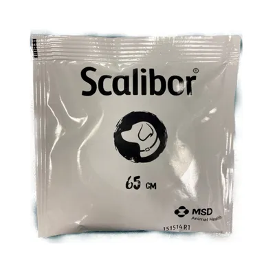 Confezione Scalibor, 65 cm, MSD Animal Health. Immagine stilizzata di collare per cane visibile al centro.