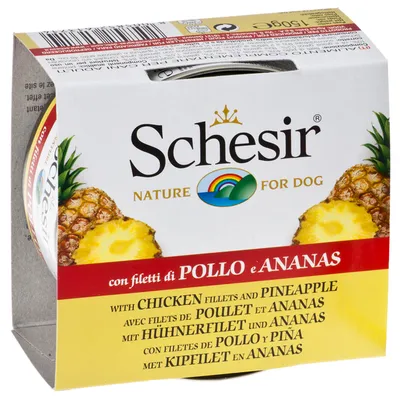 Schesir Nature for Dog, mit Hühnerfilet und Ananas. Verpackung zeigt Produktbeschreibung in mehreren Sprachen.