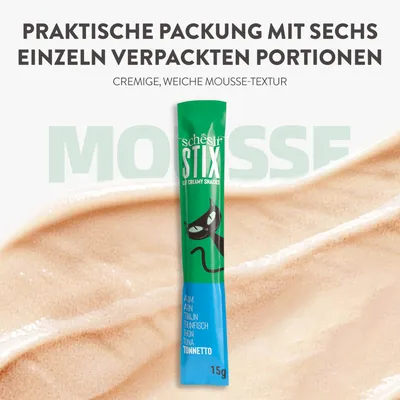 Schesir Stix Cat Creamy Snacks, praktische Packung mit sechs einzeln verpackten Portionen, cremige weiche Mousse-Textur, Thunfischgeschmack, 15g pro Portion.