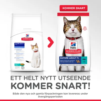 Hill's Science Plan Mature Adult 7+ kattmat, bild på nuvarande och ny förpackning med texten 'Ett helt nytt utseende kommer snart!'. Både nya och gamla förpackningar kan levereras.