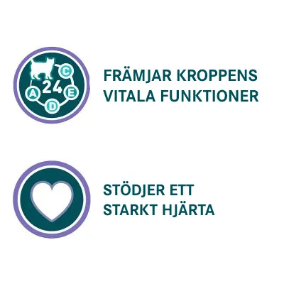 Text: FRÄMJAR KROPPENS VITALA FUNKTIONER, STÖDJER ETT STARKT HJÄRTA. Ikoner med katt och hjärta samt bokstäverna A, C, D, E och siffran 24.