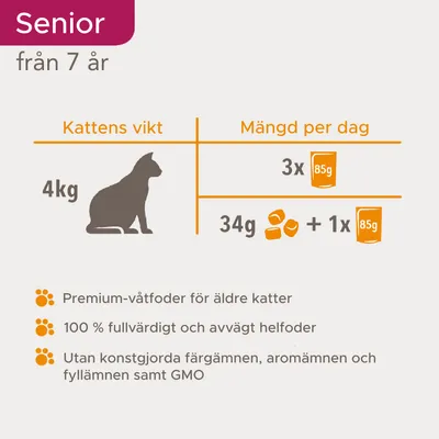 Utfodringsråd för seniora katter från 7 år: kattens vikt 4 kg, mängd per dag 3×85 g våtfoder eller 34 g torrfoder + 1×85 g våtfoder. Premium-våtfoder, 100 % helfoder, utan konstgjorda tillsatser.