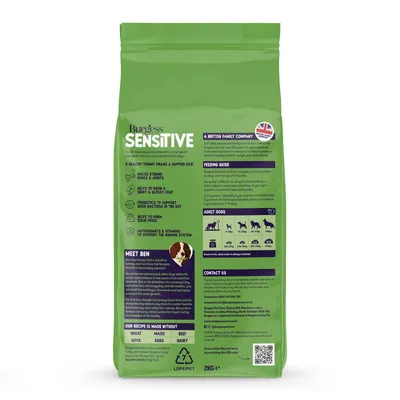 Back of Burgess Sensitive pet food bag showing feeding guide for adult dogs by weight, key benefits, ingredients excluded such as wheat and dairy, and contact information.