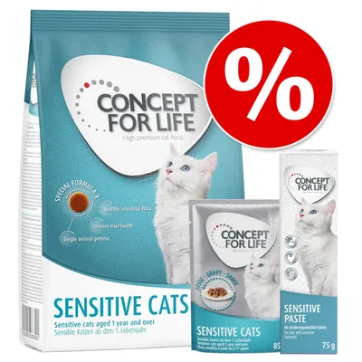 Concept for Life Sensitive Cats macskaeledel csomagolások, fehér macskával, látható: száraz táp, alutasakos eledel 85 g, paszta 75 g, piros százalékjel akcióhoz.