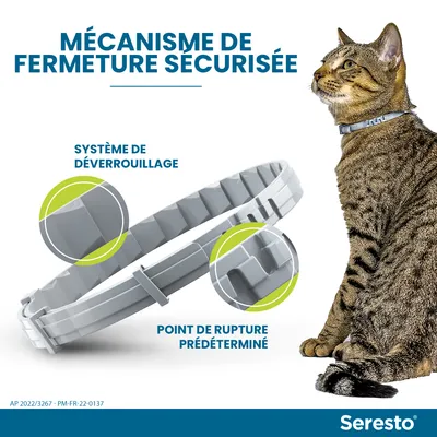 Seresto collier pour chat avec mécanisme de fermeture sécurisée, système de déverrouillage et point de rupture prédéterminé visibles. Texte en français.
