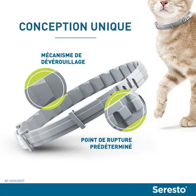 Seresto collier gris pour chat, texte visible : Conception unique, mécanisme de déverrouillage, point de rupture prédéterminé. Collier montré sur un chat et en gros plan.