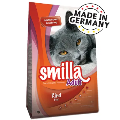 Balení Smilla Adult Rind Beef 1 kg s obrázkem šedé kočky, texty: 'ausgewogene Ernährung', 'Finest Healthy Nutrition', 'Made in Germany', ikony složení a vlastností.