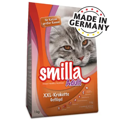 Smilla Adult XXL-Krokette Geflügel, 1 kg, pro kočky velkých plemen. Text: Made in Germany, Finest Healthy Nutrition, Essential Fatty Acids, Taurine, Vitamins A & E, Dental Care.