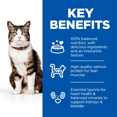 Tekst na engleskom: Key Benefits. 100% balanced nutrition, with delicious ingredients and an irresistible texture. High-quality salmon protein for lean muscles. Essential taurine for heart health & balanced minerals to support kidneys & bladder.