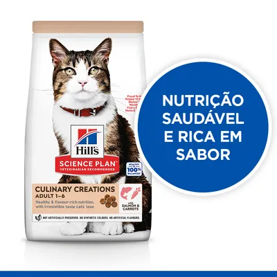 Hill's Science Plan Culinary Creations Adult 1–6, com salmão e cenouras. Texto visível: 'Nutrição saudável e rica em sabor'. Embalagem de ração para gatos.