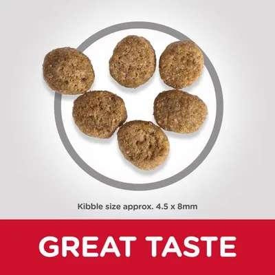Kibble pieces shown with approximate size 4.5 x 8mm and text stating great taste.