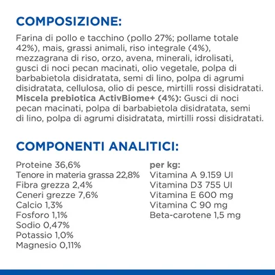 Composizione: farina di pollo e tacchino, mais, grassi animali, riso integrale, orzo, avena, minerali, olio vegetale, semi di lino. Componenti analitici: proteine 36,6 %, grassi 22,8 %.