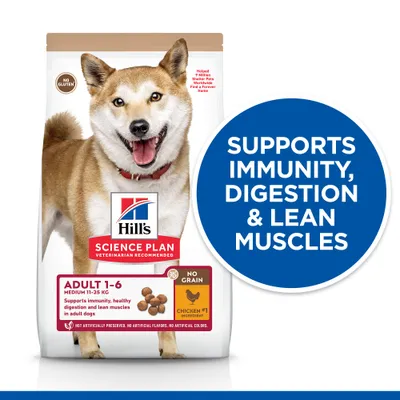 Hill's Science Plan Adult 1–6 Medium 11–25 kg hundefoder. No gluten, no grain, chicken #1 ingredient. Supports immunity, digestion & lean muscles. Ingen kunstige farver eller smagsstoffer.