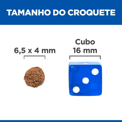 Comparação do tamanho do croquete: 6,5 x 4 mm ao lado de um cubo azul de 16 mm. Texto visível: 'Tamanho do croquete', 'Cubo 16 mm', '6,5 x 4 mm'.